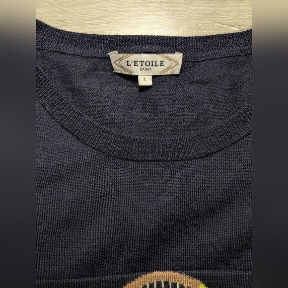 L'etoile Sport Navy Blue Stripe 100% Merino Wool Crewneck Tennis Racquet Sweater - Picture 11 of 13